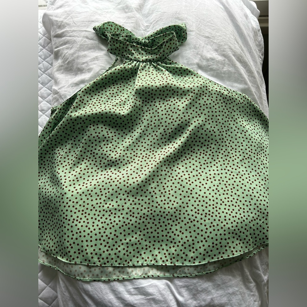 Zara blouse, bow tie in the back, mint green, dark brown polka dots, size XS